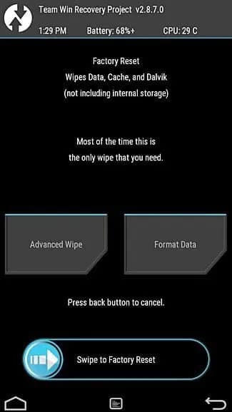 Scorri per ripristinare le impostazioni di fabbrica