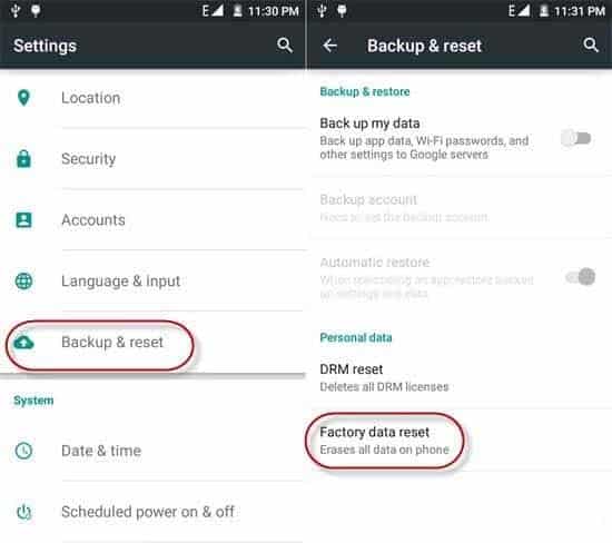 Ripristino delle impostazioni di fabbrica del telefono Android
