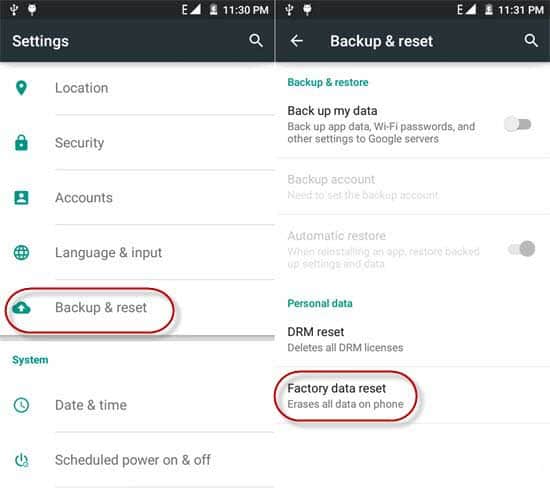 Ripristino di fabbrica del telefono Android
