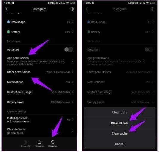 Cancella cache e cancella i dati dell'app Instagram