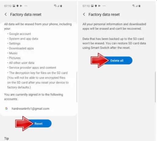 Ripristino delle impostazioni di fabbrica della serie Samsung Galaxy S20