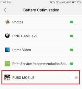 Disattiva l'ottimizzazione della batteria per l'app PUBG