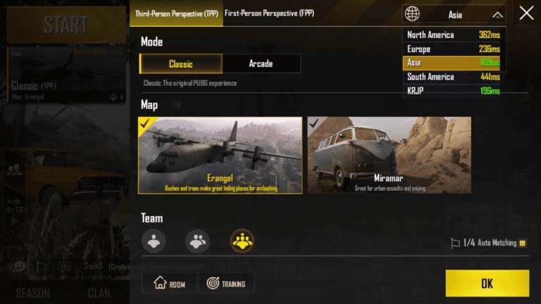Seleziona il server con un ping basso per evitare problemi di ritardo di PUBG Mobile su Android
