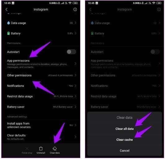 Cancella cache e cancella dati di app Instagram
