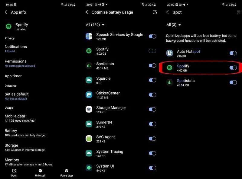 Disabilita l'ottimizzazione della batteria per l'app Spotify su Android