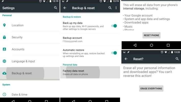 reset di fabbrica android