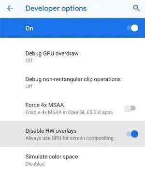 Disabilita le sovrapposizioni hardware dalle impostazioni dello sviluppatore