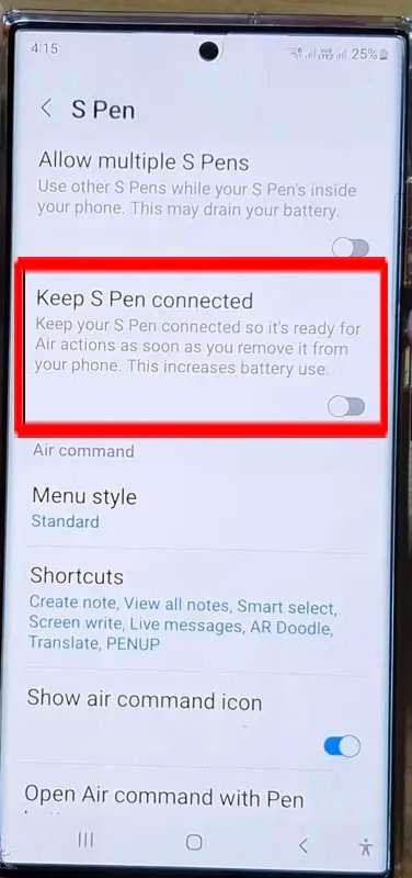 Enable “Keep S Pen Connected” option on Samsung